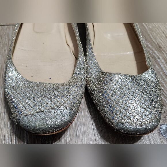 Jimmy Choo Lame Finlay Silver Champagne Glitter Mesh Ballet Flats Sz 39.5 - Picture 2 of 9